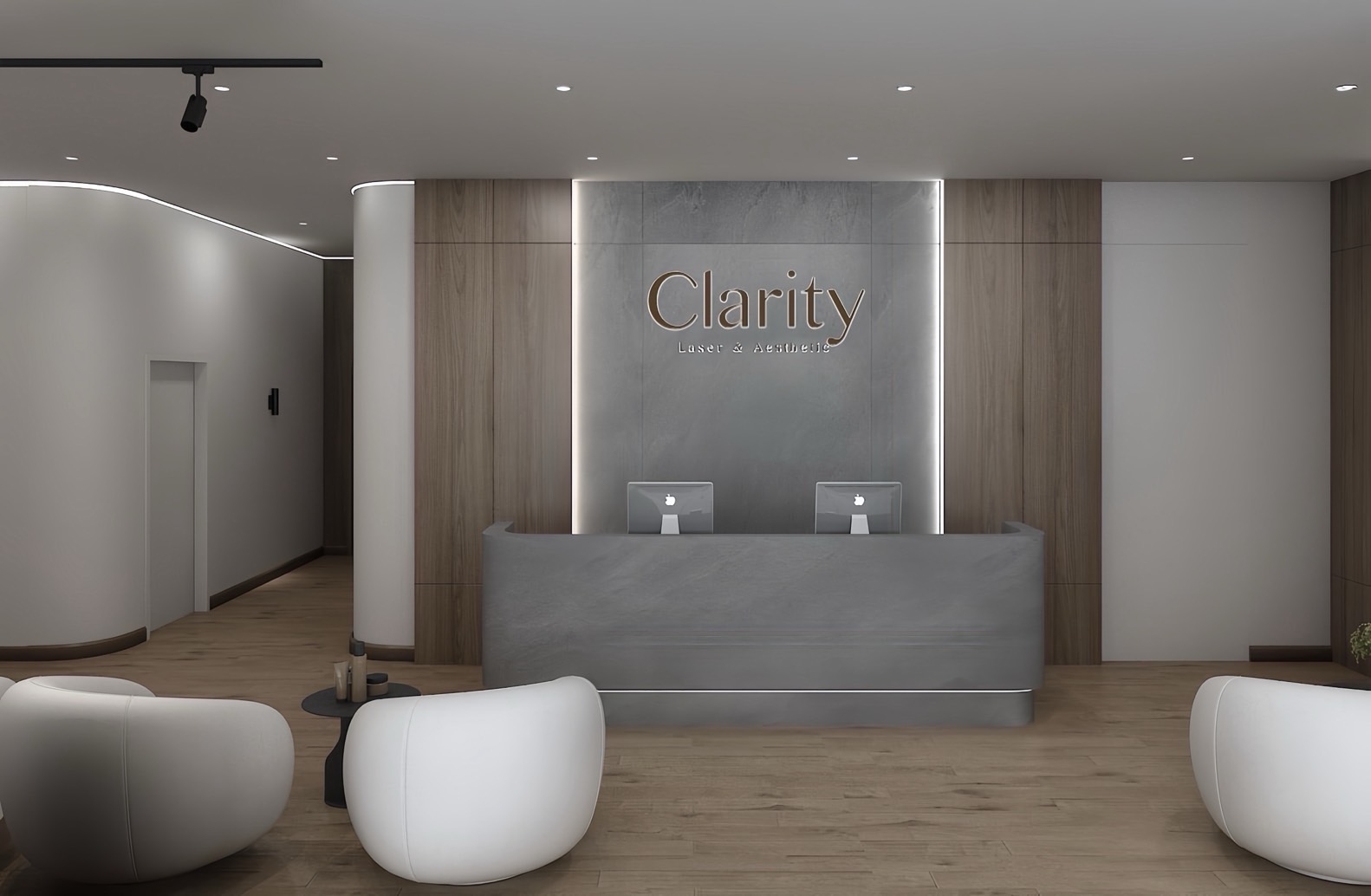 Clarity Clinic elegant reception area with marble desk and modern design